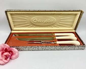 Vintage Glo-Hill Carving Set – White Bakelite Handles, MCM Kitchen c.1960s