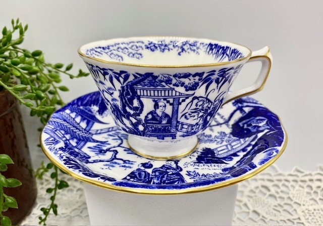 Vintage Royal Crown Derby Blue Mikado Footed Tea Cup and Saucer  Bone China Blue Transferware Chinoiserie Made in England