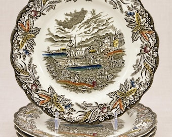 Ridgway Heritage Dinner Plates Green Transferware Set of 4: English Country / Cottage Kitchen - Fish Market Toronto