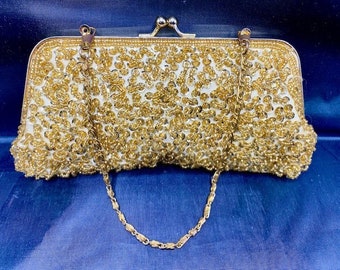 1990s Gold Beaded Kiss-lock Evening Bag with Gold Satin Lining Short Chain Strap Vintage Italian Design by Zeca