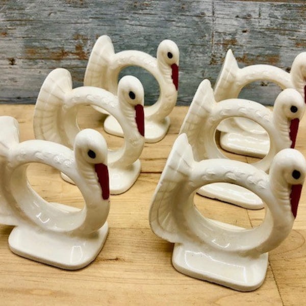 Set of 6 Napkin Rings Vintage White Ceramic Turkey Design with Red Wattle Festive Table Decor