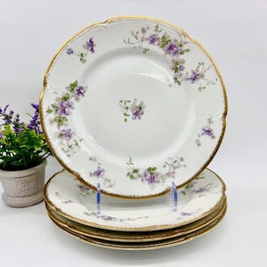 Antique Limoges Dinner Plates Set of 4 c.1900s CF Haviland/GOA Porcelain Purple/Gold -  Made in France - English/French Cottage