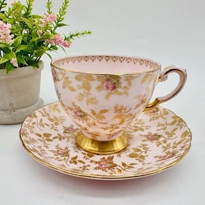 Vintage Fine Bone China Tea Cup and Saucer c.1950s Tuscan Sunshine Pattern with Pink Du Barry Rose Design - Made in England - Mid Century