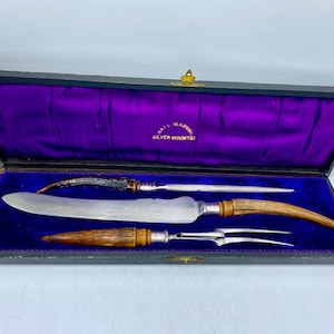 Antique Sheffield Steel Carving Set Circa 1900 Victorian Era  Pearson Stag Antler Handles Sterling Silver Bands  England