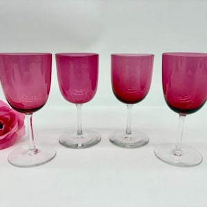 Antique Victorian Cranberry Glass Wine Glasses Set of 4 c.1900 Elegant 5 Ounce Capacity - Slender Stems - English Cottage / Chateaucore