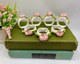Vintage Set of 7 Porcelain Napkin Rings Pink Floral Elegant Table Decor  Vintage Farmhouse / French Country Gift Idea