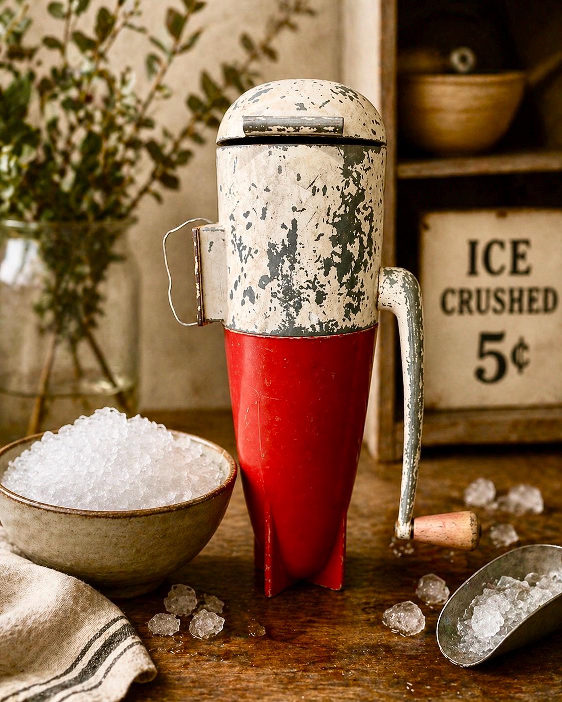 Vintage 1950s Ice Crusher, Hand Crank Barware, Red Enamel Metal