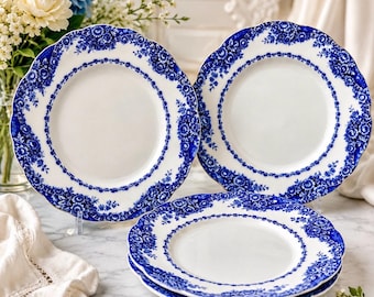 Set of 4 Antique George Jones & Sons Blue Transferware Plates: Victorian English Ironstone c.1880s