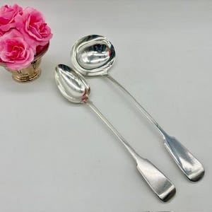 Antique Silver Soup Ladle and Vegetable Serving Spoon Set of 2 c.1910s Elegant Victorian Era Tableware - Made in England
