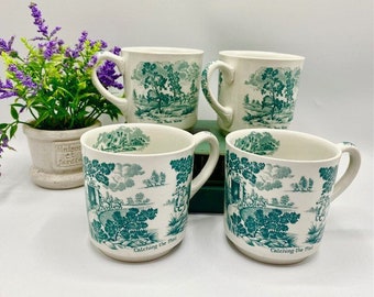 1950s Rare Set of 4 Coffee Mugs Vintage Ridgway Coaching Days Teal/Green Transferware Tea Cups  Made in England