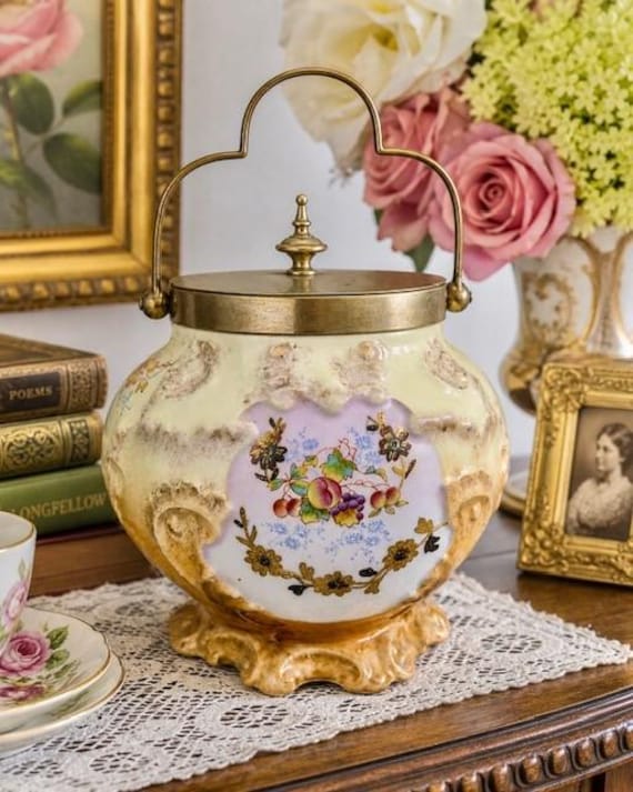 Antique Biscuit Barrel With Lid: Victorian Hand Painted Porcelain