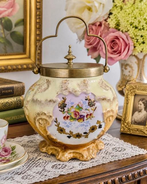 Antique Biscuit Barrel With Lid: Victorian Hand Painted Porcelain