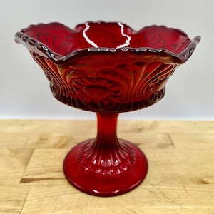 1970s Fenton Art Glass Pedestal Dish Vintage Ruby Red Compote Made in USA