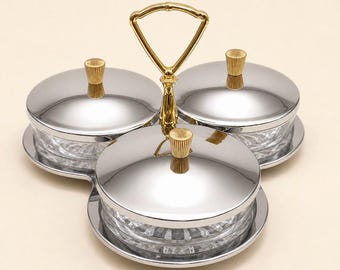 Vintage Lazy Susan Condiment Server: Mid Century Rotating 3 Bowl Hostess Set with Glass Inserts & Lids c.1960s
