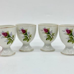 Vintage Porcelain Egg Cups Set of 4 c.1950s Pink Roses with Gold Trim Made in Japan - English Cottage / Farmhouse Kitchen / Hostess Gift