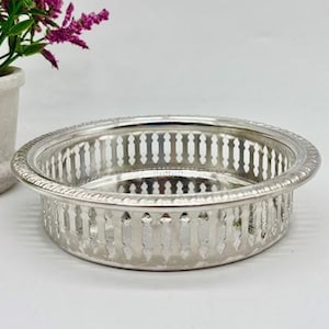 Vintage Silver Wine Bottle Coaster with Gallery Rim and Etched Ornate Pattern c.1970s Elegant Tableware / Holiday Entertaining