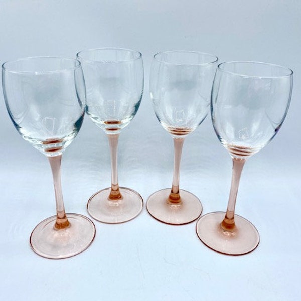 Set of 4 French Pink Stem Wine Glasses Vintage Rose Pattern Cristal D'Arques-Durand / Luminarc  France 1980s