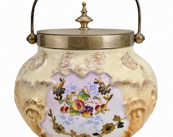 Antique Biscuit Barrel with Lid: Victorian Hand Painted Porcelain Floral Cookie Jar - English Antique Decor