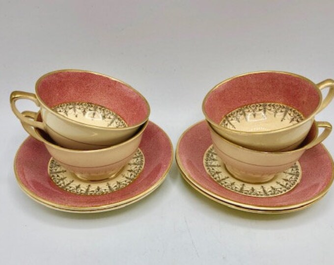 Antique Set of 4 Teacups and Saucers Johnson Brothers Elegant Pink and Gold England Circa 1891