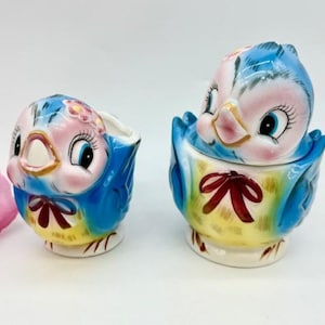 Vintage Lefton Bluebird Cream and Sugar Set c.1950s Mid Century Anthropomorphic Collectibles - Made in Japan