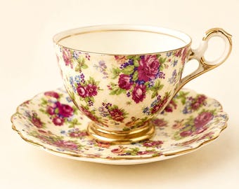 Vintage Sampson Smith "Old Royal" Teacup and Saucer: English Bone China - Chintz Roses - Cottagecore/Tea Party