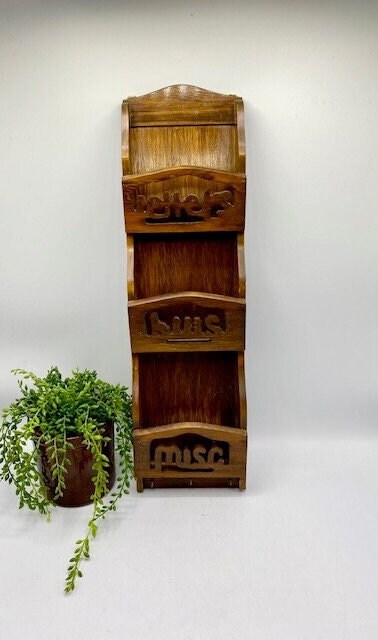 Vintage Wooden Wall Mail / Letter / Bill Organizer With Key Hooks