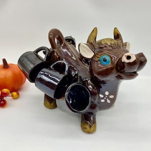 Vintage Ceramic Bull Decanter with 6 Shot Glasses 1950s Anthropomorphic Mid Century  Unique Barware - Vintage Farmhouse Decor Made in Japan