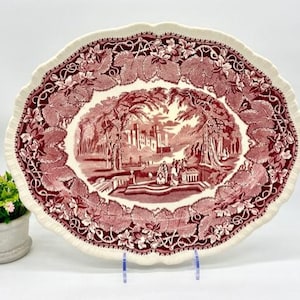 Vintage Masons Vista Pink Large 15" Platter c.1940s Red Transferware English Ironstone Gadroon Edge -Cottage Core / French Country - England