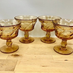 Vintage Amber Wine / Champagne / Sherbet Glassware Set of 4 c.1960s Fostoria Jamestown  Pattern Mid Century Barware - Made in USA