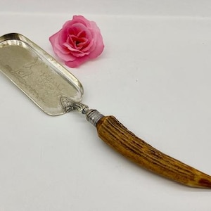 Antique English Crumb Scoop with Stag Horn Handle c.1890s Victorian Table Butler Etched Stag Deer Design Made in England - English Cottage