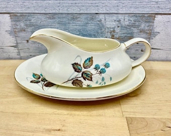 1950s Gravy Boat and Underplate Vintage Myott and Son Co Blue Bramble Pattern Mid-Century Kitchen  Staffordshire England