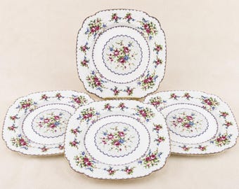 Royal Albert Petit Point Dinner Plates Set of 4: Vintage 1930s Bone China / Square Floral Needlepoint Plates - English Cottage