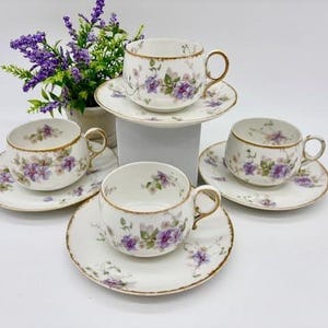 Antique Limoges Tea Cups and Saucers Set of 4 c.1900s CF Haviland / GOA Porcelain China Made in France - English / French Cottage