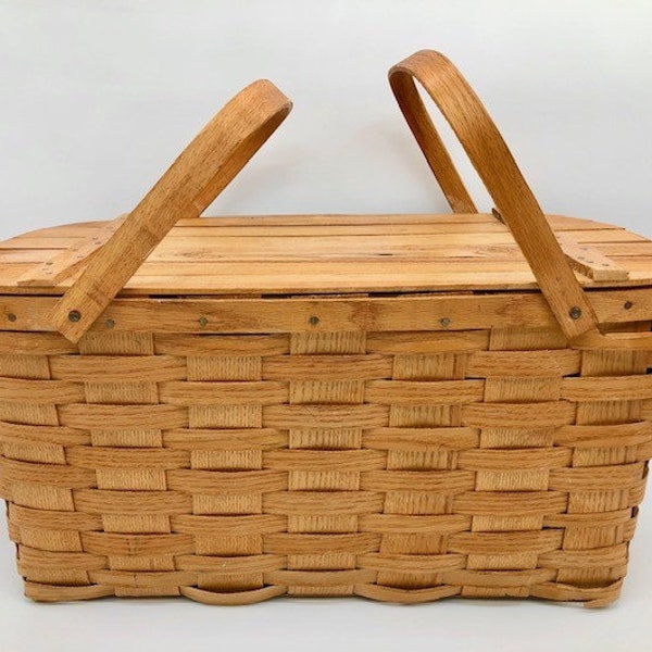 1950s Picnic Basket Vintage Woven Wood Slats With Swing Handles Flip Lid Original Removable Wood Slat Tray