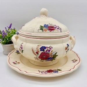 Vintage French Lidded Soupière / Soup Tureen with Underplate c.1970s Sarreguemines Digoin &quot;Agreste&quot; - Rustic Faience - French Cottage