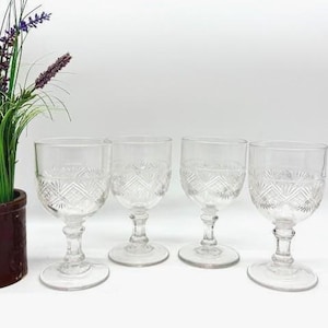Antique Early American Pattern Glass (EAPG) Water / Wine Glasses Rare Set of 4 c.1890s Bryce Walker Glass Diamond Sunburst Pattern - USA