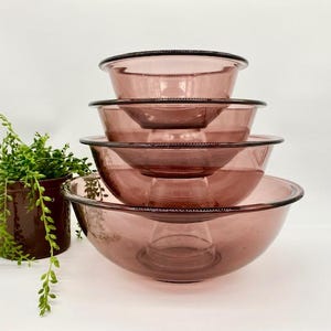 Vintage Pyrex Glass Mixing Bowls Cranberry Color Set of 4 c.1980s Nesting Mixing Bowls Made in USA - Farmhouse / Cottage Kitchen