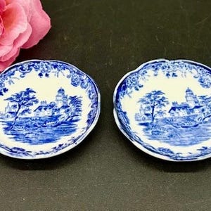 May include: Two small, round, blue and white porcelain dishes with a scalloped edge. Each dish features a detailed landscape scene with trees, buildings, and water. The dishes are placed on a dark surface, with a pink flower in the background.