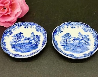 Antique Butter Pats Flow Blue Transferware, F. Winkle Togo Pattern, Set of 2, Staffordshire England