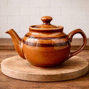 May include: A brown ceramic teapot with a lid and handle, on a round wooden coaster. The teapot has dark brown stripes and a spout. The background is a light brick wall and a wooden table.
