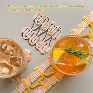 May include: A decorative trim featuring wavy, interconnected cords in shades of peach, white, and dark brown, alongside a yellow and orange version. Text reads: This is a sample from we.vers' Ribbon Workshop, created with this cords.