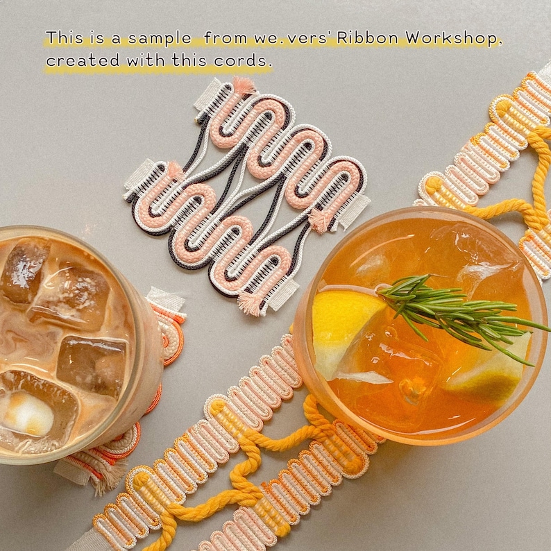 May include: A decorative trim featuring wavy, interconnected cords in shades of peach, white, and dark brown, alongside a yellow and orange version. Text reads: This is a sample from we.vers' Ribbon Workshop, created with this cords.