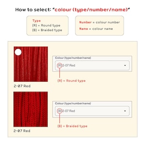 May include: A color selection guide featuring two red cord textures. The top shows a round cord labeled (R) 2-07 Red, and the bottom shows a braided cord labeled (B) 2-07 Red. Text instructions explain how to select color by type, number, and name.
