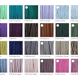 May include: A color chart displaying twenty-four samples of braided cord in various shades including mint, turquoise, green, lavender, ice blue, violet, plum, brown, walnut, forest, pine green, olive, navy blue, charcoal, cool gray, warm taupe, taupe brown, steel blue, blush beige, silver beige, warm brown, fuchsia, and mulberry, each labeled with a code and color name.