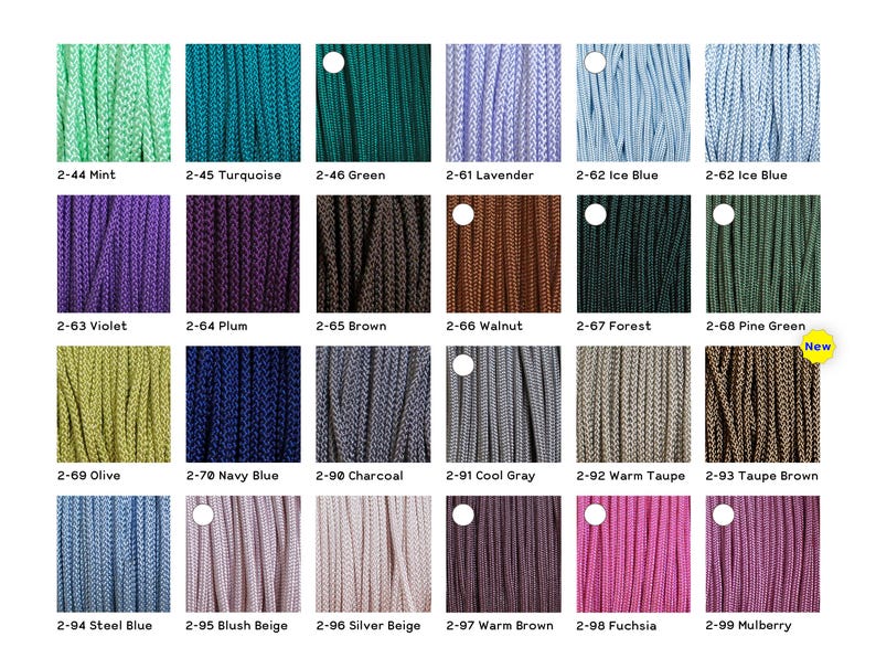 May include: A color chart displaying twenty-four samples of braided cord in various shades including mint, turquoise, green, lavender, ice blue, violet, plum, brown, walnut, forest, pine green, olive, navy blue, charcoal, cool gray, warm taupe, taupe brown, steel blue, blush beige, silver beige, warm brown, fuchsia, and mulberry, each labeled with a code and color name.