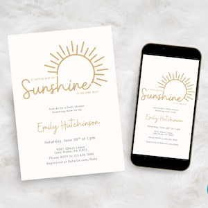 May include: Baby shower invitation with a sunburst design and the text "A Little Ray of Sunshine is on the Way!" The invitation includes the name "Emily Hutchinson" and event details. A smartphone displays the same design.