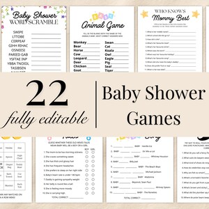 Può includere: Una raccolta di 22 giochi per baby shower completamente modificabili. I giochi includono giochi di parole, giochi di animali e quiz. Il testo sull'immagine dice "Baby Shower Games" e "edit in Canva with free account."