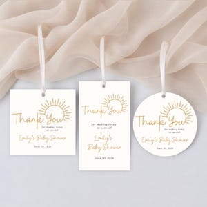Sunshine Baby Shower Tags, Yellow & Gold Sunny Theme, Spring Summer Circle Square Rectangle Bundle, Canva Template Digital Download 1169