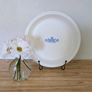 May include: A white ceramic pie plate with a blue floral design, displayed on a black metal stand. A small glass vase holds white daisies, adding a touch of freshness to the scene. The plate is approximately 10 inches in diameter.
