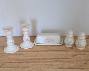 Pfaltzgraff Tea Rose Vintage 5 Piece Set- Butter Dish, Salt and Pepper Shakers & Candle Holders